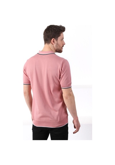 Ferraro Gül/Beyaz Yaka Şerit Düğmeli Erkek Pamuk Triko T-Shirt