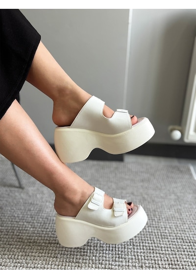 Asmi Shoes Kadın Wera Beyaz İki Tokalı Kalın Taban Ortopedik Sandalet&terlik