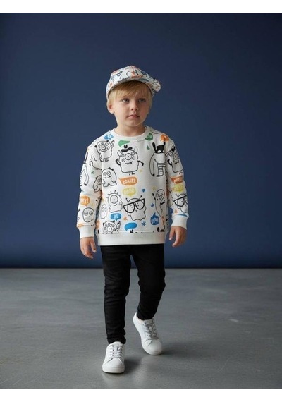 Zekids Erkek Çocuk Baskılı İnce Şardonlu Tasarım Eşofman Takımı-16632 Beyaz