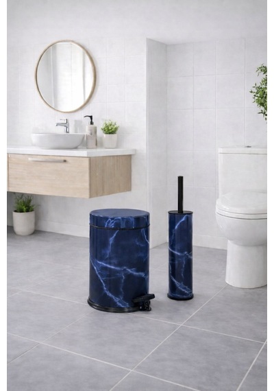 Lacivert Mermer Desenli 2'li Banyo Seti - Metal Çöp Kovası 3 Lt Ve Wc Fırçası Takımı Lacivert