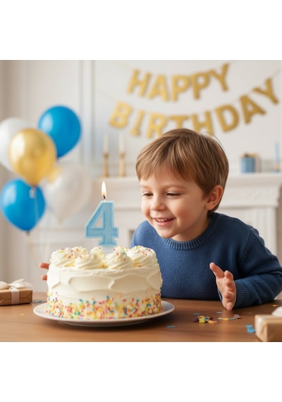 Mavi Simli Doğum Günü Mumu Pasta Mum 4 Yaş