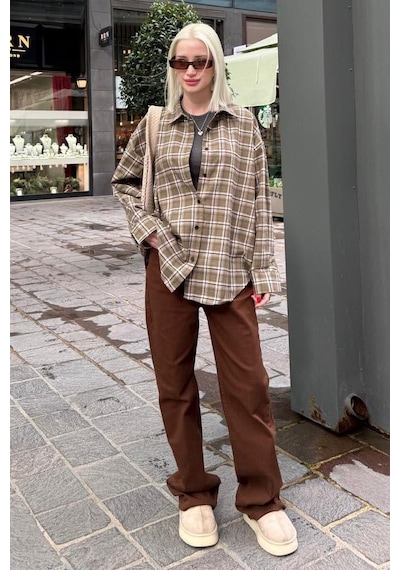 Madmext Haki Oversize Ekose Desenli Kadın Gömlek Mg2589 Haki