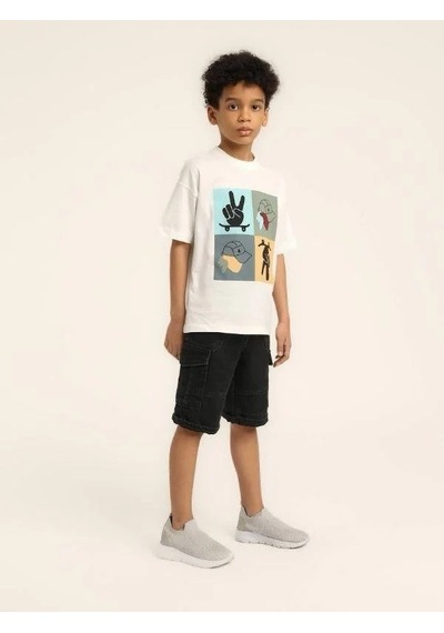 Escabel Erkek Çocuk Şapka Desenli Tasarım Pamuklu T-shirt-15627 Beyaz
