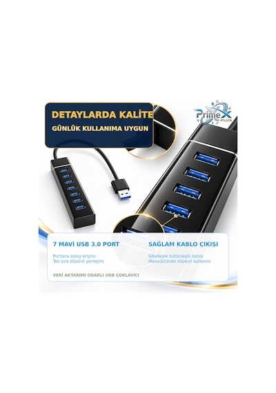 Primex Px-307 Usb 3.0 Hub 7 Port Çoklayıcı, 25 Cm Kablolu Usb Çoklayıcı Hub, Laptop Masaüstü Pc Uyumlu, Klavye Mouse Flash Bellek Ve Usb Aygıtları İçin