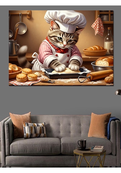 Ahşap Tablo Mutfakta Hamur Açan Şef Kedi