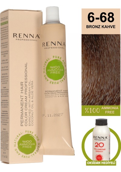 Renna Bitkisel Amonyaksız Saç Boyası 60 Ml 6-68 Bronz Kahve Oksidan Hediyeli