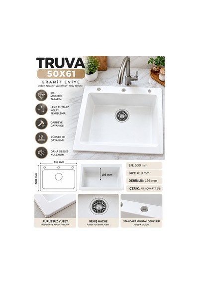 Granit Evye Truva Series Beyaz Renk En:500mm Boy :610 Mm Derinlik :195 Mm