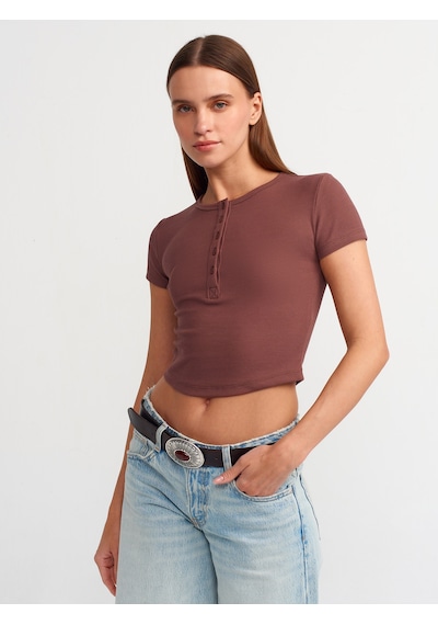 Dilvin Düğme Detaylı Crop Top Kahve