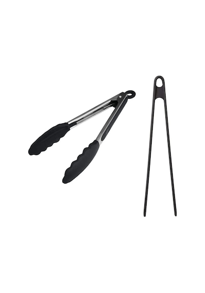 2 Li Maşa Seti Silikon Uçlu Paslanmaz Çelik Maşa 23 Cm + Büyük Boy Silikon Maşa 29 Cm Siyah
