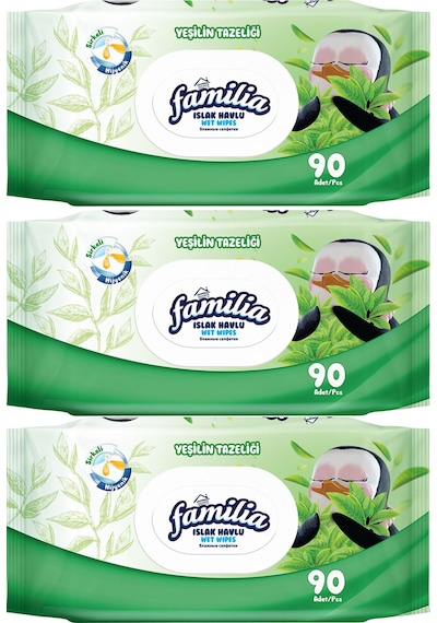 Familia Islak Havlu Mendil Yeşilin Tazeliği 90 Yaprak 3 Lü Set 3'lü Set