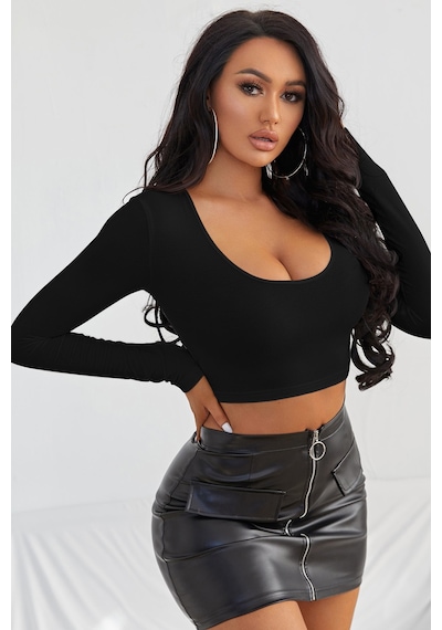 Angbutik Kadın Siyah Uzun Kol Kare Yaka Crop Top Bluz