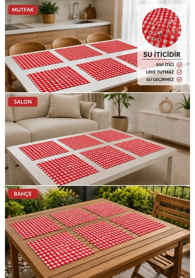 Kareli Amerikan Servis 6'lı Set 35x45 Cm Kırmızı Petibör Tabak Altlığı Su İtici Masa Altlığı