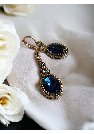 Kristal Taşlı Oval Kesim Sallantılı Küpe Mavi