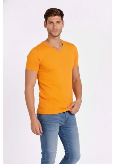 Butik İstanbul Erkek T-shirt V Yaka Slim Fit Dar Kesim Likralı Tişört Günlük Basic Body - Sarı