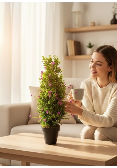 Yapay Çiçek Siyah Saksıda Mor Lotuslu Yeşil Şimşir Ağacı 70 30cm Mor
