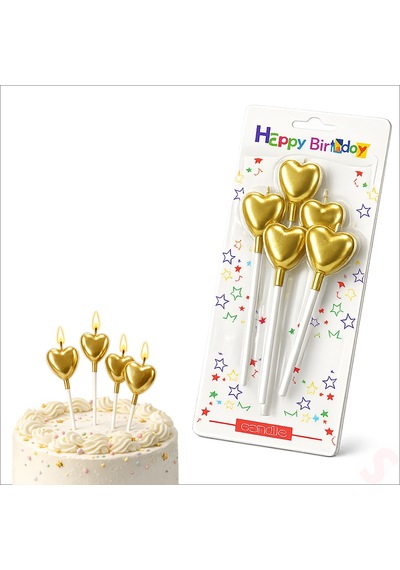 Çubuklu Metalik Altın Kalp Mum - 13 Cm X 4 Adet