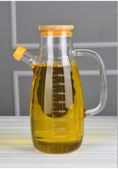 Thn 2 Li Bambu Kapaklı Cam Yağlık Sirkelik 1000 Ml. Cam Sürahi Şeffaf