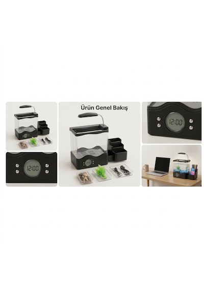 Led Işıklı Masaüstü Akvaryum Dijital Saatli Kalemlik Masa Organizeri