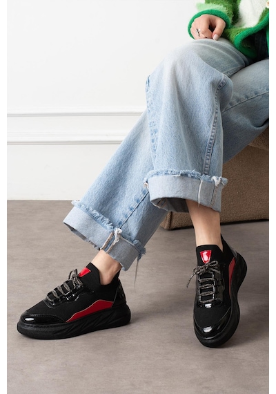Shoetek Polivya Kadın Sneakers Taşlı Bağcıklı Triko Dokumalı Spor Ayakkabı Siyah/kırmızı Rugan Kırmızı Rugan Kırmızı