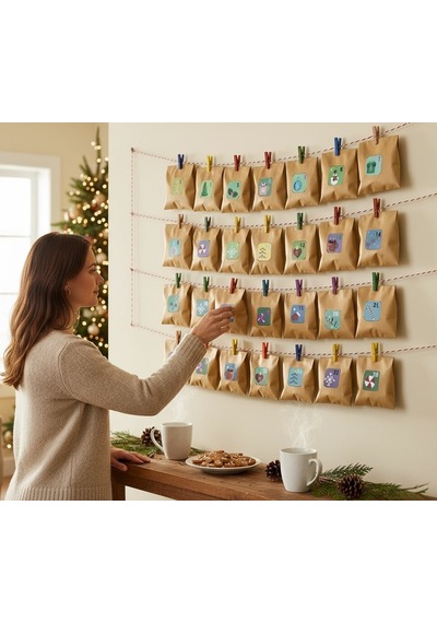 Yılbaşı Advent Takvimi Hediye Seti, Sticker-kraft Kese Kağıdı-renkli Ahşap Mandal-jüt&twine Baker İp