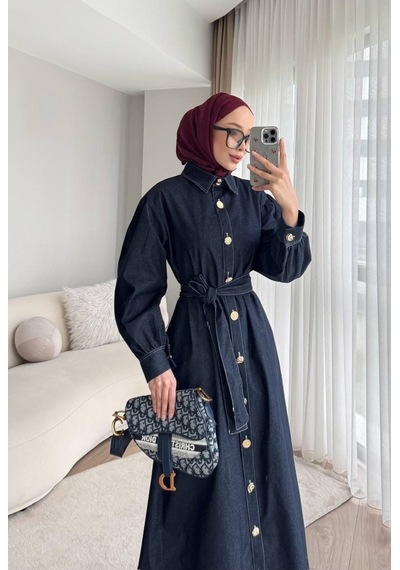 Meecy Gold Düğmeli Denim Tesettür Elbise Lacivert Lacivert