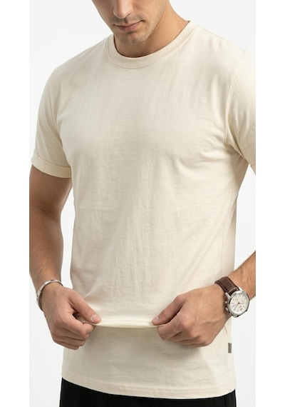 Plus Scorpion T02 Kol Katlama Erkek Slim Fit Basic Tişört Bisiklet Yaka, Düz Kumaş, Yazlık Model Ekru