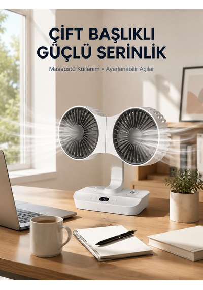 Duvara Monte Edilebilen Çift Başlıklı Sessiz Masa Fanı - Lisinya