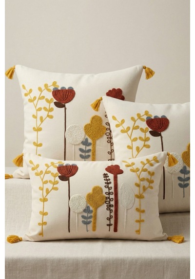 Bohem Kır Bahçesi Punch Nakışlı 3'lü Kırlent Kılıfı Seti 2 Adet 42x42 Cm + 1 Adet 35x55 Cm Bej