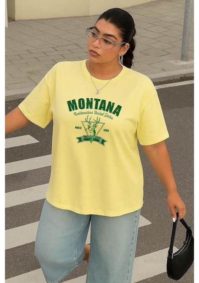 Büyük Beden Montana Baskılı Unisex Tişört Sarı