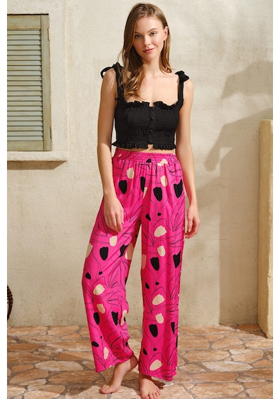 Man9818-1010 Anıl Ev Giyim Man9818 Kalın Askılı Kadın Viskon Çiçek Desenli Sırt Aksesuarlı Yazlık Dantel Detaylı Pijama Altı Anıl 9818 Fuşya