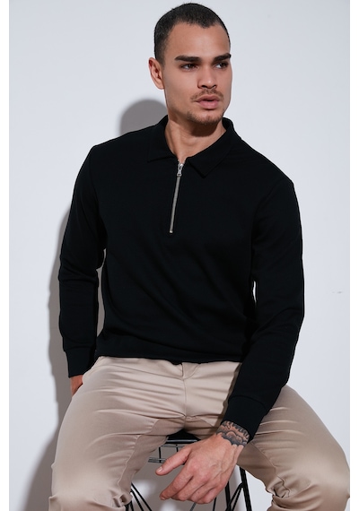 Buratti Pamuklu Regular Fit Yarım Fermuarlı Polo Yaka Erkek Sweat 5905805 Siyah