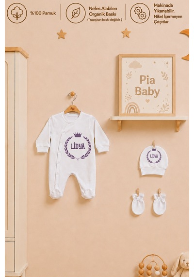 Pia Baby Kız Bebek İsimli %100 Pamuk Hastane Çıkışı 6 Parça Tulum Şapka Eldiven Hediye Seti 2074tybk0x Krem