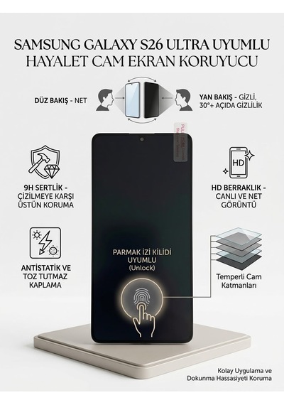 Samsung S26 Ultra Uyumlu Hayalet Cam Parmak İzi Kilidi Uyumlu