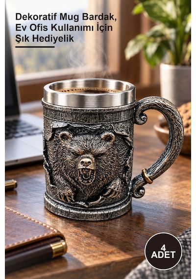 4 Adet Ayı Temalı 3d Kabartmalı Paslanmaz Çelik Kupa Dekoratif Mug Bardak, Ev Ofis Kullanımı İçin Şık Hediyelik 1