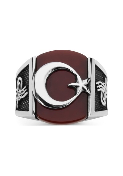 Gümüş Akik Taşlı Tuğralı Ay Yıldız Erkek Yüzük