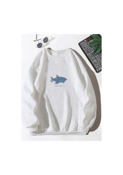 Tarzsokak Letter & Shark Print Drop Shoulder Pullover Beyaz