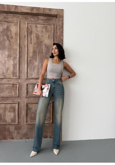 Kadın Straight Yüksek Bel Boru Paça Kot Pantolon Mavi Tint Mavi+tint