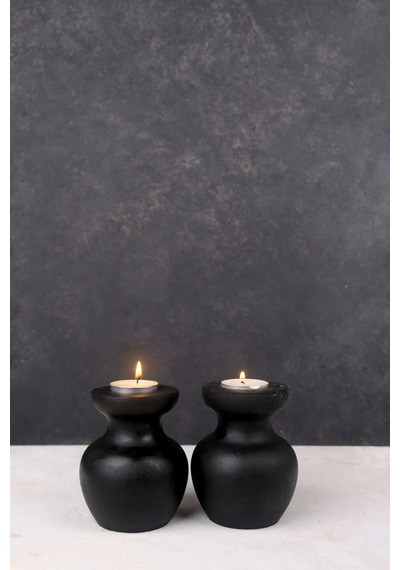 2 Li Siyah Büyük Nar Model Tealight Ahşap Şamdan Seti Dekoratif