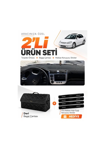 E-biz Honda Civic Vtec2 2002-2005 Uyumlu Torpido Örtüsü + Deri Bagaj Çantası Seti - Siyah - Ho009