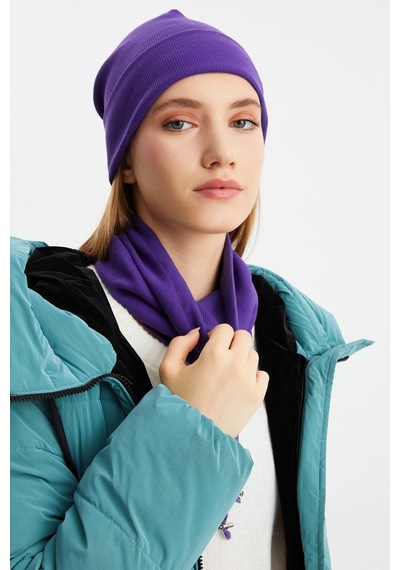 Butikgiz Kadın Balıkçı Style Pamuklu Kaşkorse Terletmez Ultra Hafif Yumuşak Bere Boyunluk Takım Mor