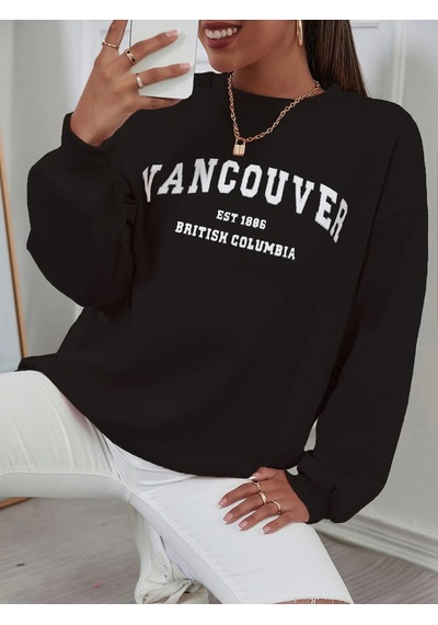 Oversize Vancover Baskılı Bisiklet Yaka Sweatshirt Siyah