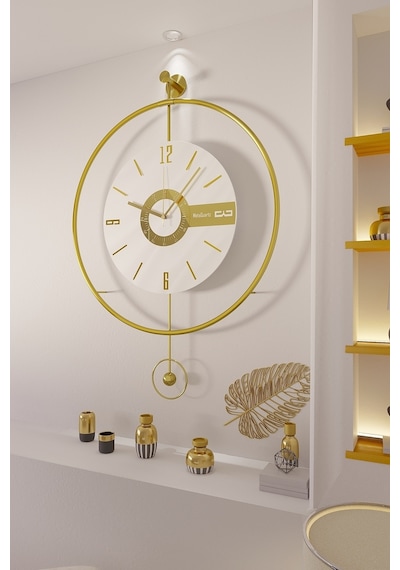 MetaQuartz Aksesuar Büyük Boy(50*75 cm)Gold Elit Three (PİLLİ LED SİSTEMİ) , Modern Dekoratif Metal Duvar Saati