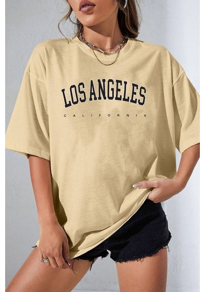 Flood Of Style Unisex Los Angles Tasarım T-shirt Bej