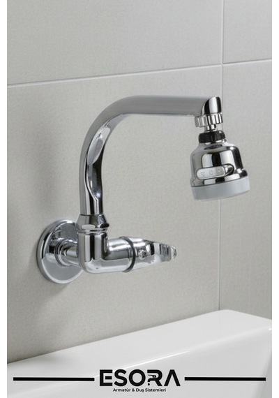 Duvardan Balık Sırtı Borulu 3 Fonsiyonlu Başlıklı Tek Su Girişli Banyo Lavabo Bataryası Krom