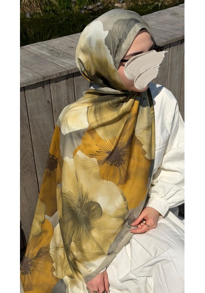 Qalortex Scarf Pamuklu Rosaly Desen Şal-yağ Yeşil Yağ Yeşili