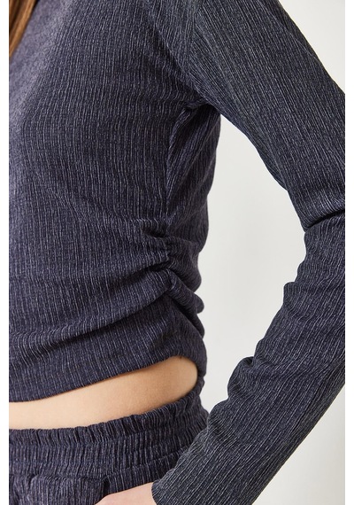 Kadın Crop Bluz Ve Beli Lastikli Pantolonlu Alt Üst Takım 60261363 - Lacivert