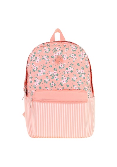 Kaukko Soft Floral Kız Çocuk Üç Bölmeli Somon Çiçek Ve Çizgi Desenli Okul Sırt Çantası - K1795 Somon
