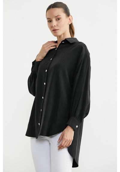 Sementa Tencel Arkası Uzun Oversize Gömlek - Siyah