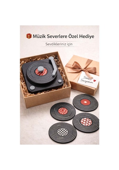 Özel Üretim Nostaljik 4 Adet Plak Tasarımlı Soğuk İçecek Bardak Altlığı Plak Çalar Standlı Vintage Çok Renkli