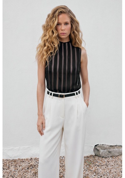 Sateen Çizgili Organze Kolsuz Bluz - Siyah-137672